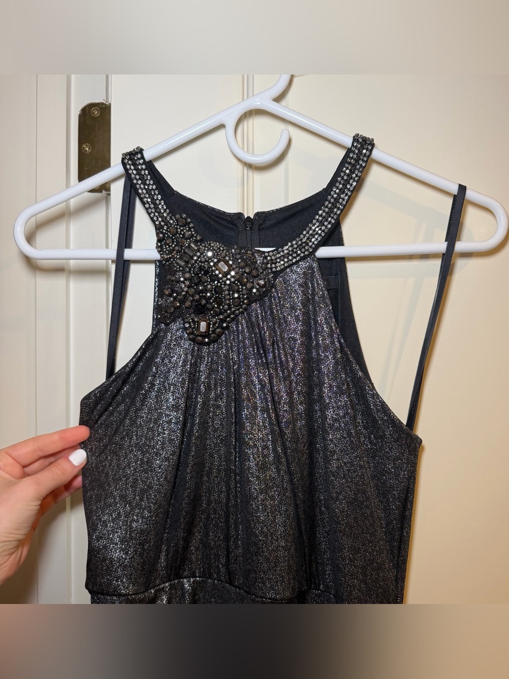 David Meister Black Silver Embellished Halter Evening Gown